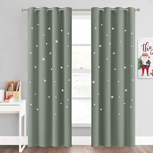NICETOWN Kids Blackout Curtains for Nursery, Thermal Insulated Window Drapes with Star Hollow Out, Noise Reducing Grommet Curtains for Baby, 52 x 84 Inches, 1 PC, Sage Green