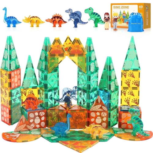 FunMagic Magnetic Tiles Dinosaur Toys, STEM Building Blocks with 3D Movable Dinosaurs for Kids