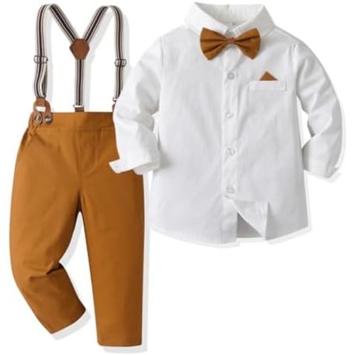 SALNIER Toddler Dress Suit Baby Boys Clothes Sets Bowtie Shirts Suspenders Pants 4pcs Gentleman Outfits Suits 6 Month 6 Years
