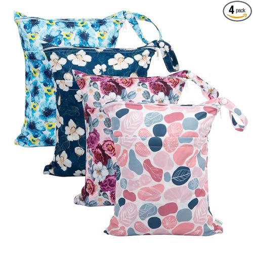 babygoal Wet Dry Bags for Baby Cloth Diapers, Washable Travel Bags, Beach, Pool, Gym Bag for Swimsuits & Wet Clothes with Two Zippered Pockets 4 Pack, 4LN14