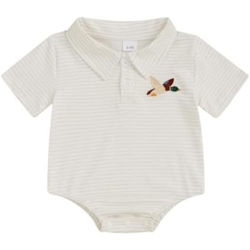 Newborn Baby Boy Embroidery Polo Romper Striped Print Short Sleeve Button Up Bodysuit Infant Summer Clothes
