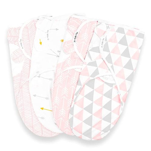 BaeBae Goods Swaddle Blanket, Adjustable Infant Baby Swaddling Wrap Set of 4, Baby Swaddling Wrap Blankets for Boys and Girls Made in Soft Cotton (Pink/Grey Triangles, 3-6 Months)