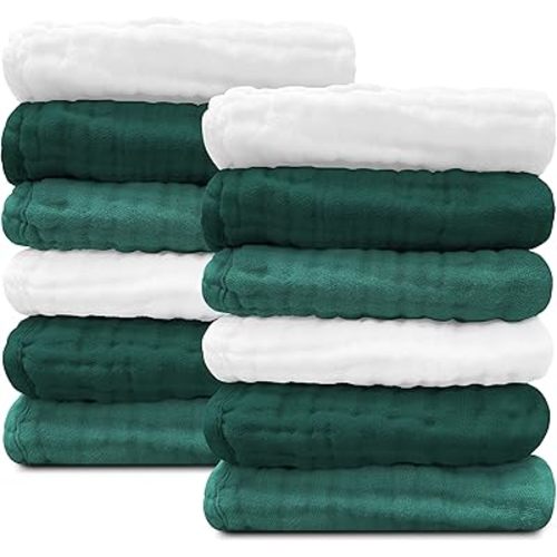Sunny zzzZZ Baby Muslin Washcloths -100% Cotton Muslin Soft Baby Bath Wash Cloths and Absorbent Burp Cloths for Newborns Kids Girls and Boys -12 Pack, 12x12 Inches - White+Deep Emerald Series