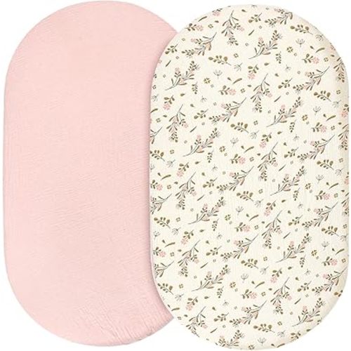 Hooyax Muslin Bassinet Sheets for Baby Girls Boys, 2 Pack Soft Breathable Bassinet Fitted Sheets Universal Fit Rectangle, Oval and Hourglass Bassinet Mattress (Pink, Floral)
