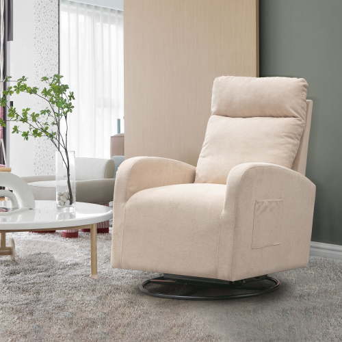 Muumblus Swivel Glider for Nursery, Comfy Swivel Rocking Glider Chair with Comfortable Headrest and Lumbar Pillow, Beige Velvet
