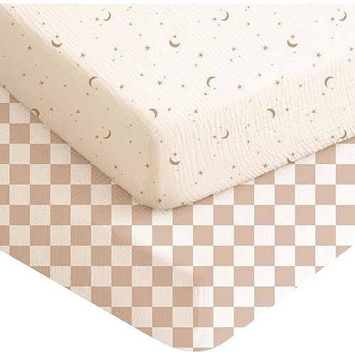 Konssy Muslin Crib Sheets for Boys, Soft Cotton Neutral Baby Sheets for Standard Crib Mattress 2 Pack, 52"x28" (Coffee Check,Moon)