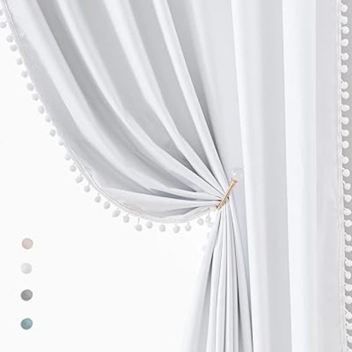 White Blackout Curtains for Bedroom Pom-Pom Thermal Insulated Full Blackout Window Drapes 63inch Length Curtain Panels for Kids Guest Room Hotel 52" Wx 2pcs