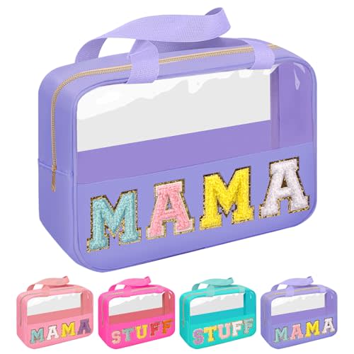 Chenille Letter Patch Mama Bag, Preppy Clear Makeup Cosmetic Bag Large Toiletry Storage Tote Bag with Handle, Transparent Nylon Waterproof Organizer Zipper Pouch for Travel Women Girls(Purple)