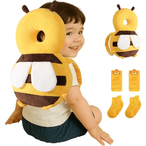 Baby Head Protector Backpack (9 to 24 Months) - Cute Head Guard Pillow with Knee Pads and Socks, Baby Shower Gift, Baby Safety Set, Toddler Head Cushion Backpack, Baby Gift, Honey Yellow Bee
