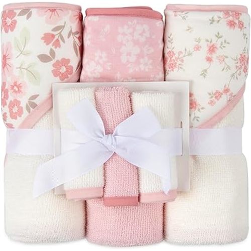 Jessica Simpson 6 Piece Printed Hooded Bath Towel and Washcloth Set for Infant, Newborns and Toddlers 3 – 24 Months for Bath Time, Showers, Lounge, Beach and Pool