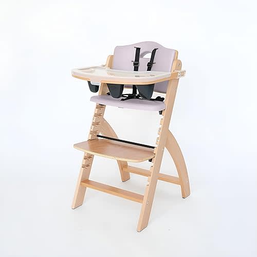 Abiie Beyond Junior Wooden High Chair with Tray - Adjustable and Convertible High Chair for Babies and Toddlers - 6 Months to 250 Lb - Water Resistant - Natural Wood with Lilac Cushion