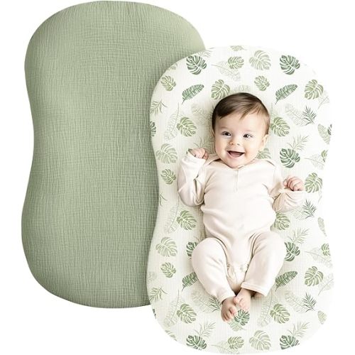 Konssy Muslin Baby Lounger Cover 2 Pack, 100% Cotton Newborn Lounger Cover, Soft and Breathable Lounger Slipcover for Boys Girls, Covers Only (Palm Paradise,Sage)