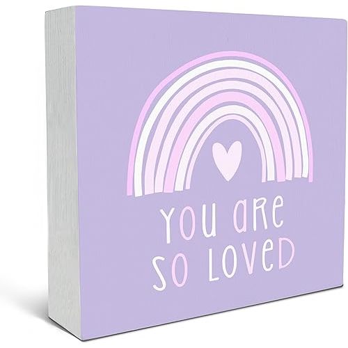 SRADMO You Are So Loved Rainbow Heart Wood Box Sign Desk Decor, Purple Kids Inspirational Quotes Wooden Block Box Sign Decoration for Kids Room Nursery Playroom Shelf Table Decorative Accessories