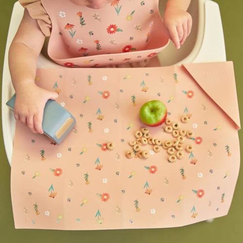 Austin Baby Co Silicone Placemat – Stain Resistant Portable Place Mats – Food Grade Silicone, Dishwasher Safe and Folds into Pocket for Easy Storage On The (Wildflower Ripe Peach)