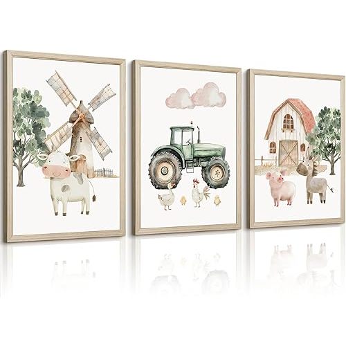 Nursery Farm Animal Wall Art Decor Baby Animal Canvas Prints Nursery Kids Farmhouse Poster Farm Cow Pig Pictures Wall Decor Green Tractor Painting Artwork for Children Bedroom 12x16 Inch Framed 3Pcs