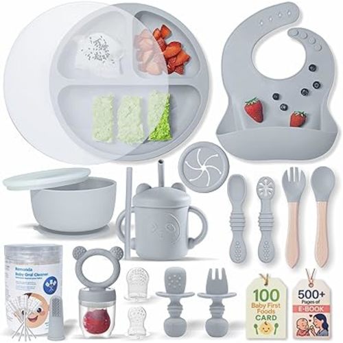 Remonda 23-Piece BPA-Free Silicone Baby Feeding Set | Extra Large Suction Plates, Toddler Bowls, Self Feeding Spoons, and More | Dishwasher Safe| Baby Led Weaning Supplies (Grey)