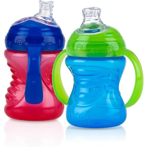 Nuby Plastic 2-Pack No-Spill Super Spout Grip N' Sip Cup, Red and Blue - 1 Pack - Red and Blue - 1 Count (Pack of 2)