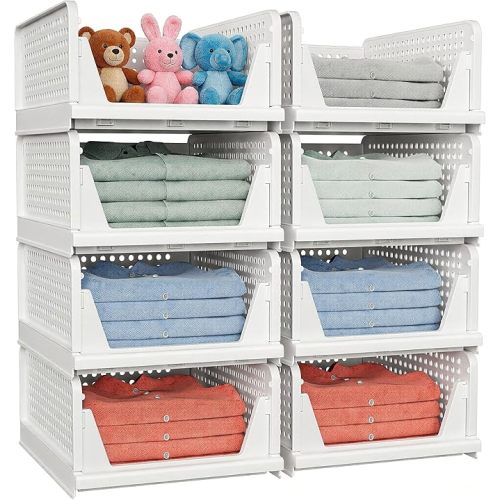 5 Pack Stackable Closet Storage Basket - Stackable Storage Bins, Multifunctional & Foldable Closet Organizer Waterproof, Wardrobe Cupboard Space-Saving Hat Storage Drawer Organizer, White
