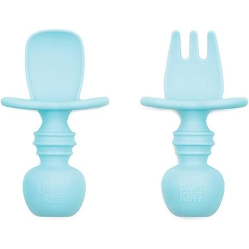 Bumkins Baby Utensils Set, Chewtensils Silicone Spoons for Dipping, Self-Feeding, Baby Led Weaning, Trainer Learning First Stage Eating, Soft Practice Fork and Spoon, Babies 6 Months, Blue