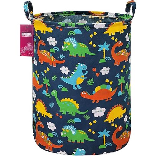 Laundry Hamper Large Canvas Fabric Lightweight Storage Basket/Toy Organizer/Dirty Clothes Collapsible Waterproof for College Dorms, Boys and Girls Bedroom,Bathroom (Forest Dinosaurs)
