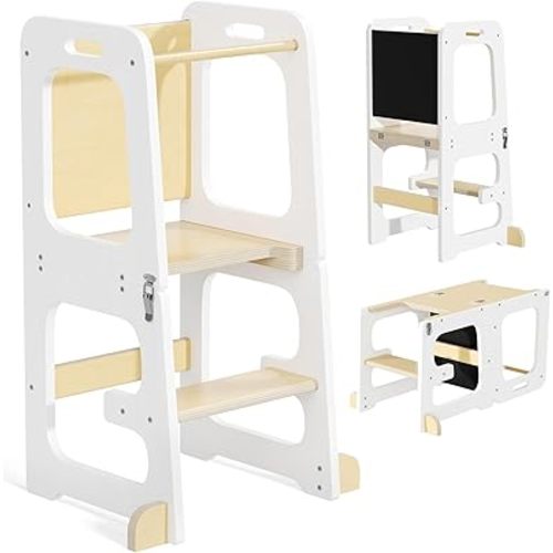 Mr IRONSTONE Toddler Standing Tower - Adjustable Kitchen Tower with Blackboard- Foldable Standing Tower for Kids, 4 in 1 Toddler Kitchen Tower Step Stool with Guardrail & Safety Feet, White