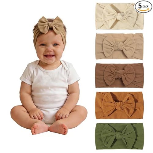 5 Pcs Baby Headbands With Hair Bows Elastic Soft Nylon Hairbands Handmade Hair Accessories For Baby Girls Newborn Infant Toddlers Kids (5, Brown)