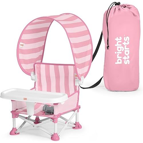 Bright Starts Pop 'N Sit Cabana Baby Beach Portable Booster Chair with UPF Canopy, Floor Seat for Indoor/Outdoor Use, Compact Fold, Pink, 6 Months–3 Years