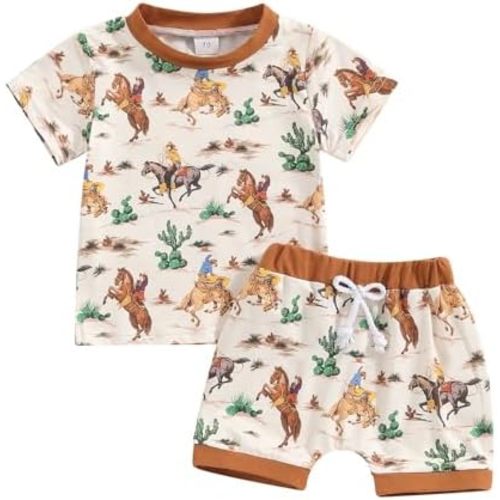 Lesimsam Baby Boy Girl Western Summer Outfits Cow Print Short Sleeve T-Shirt Top and Shorts Set Toddler Country Outfit