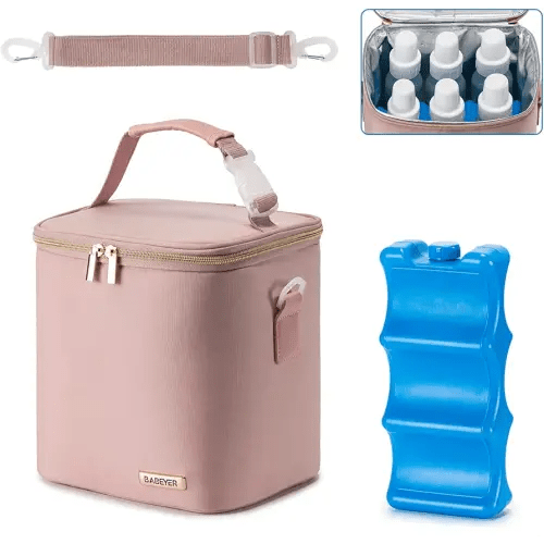 Breast Milk Cooler Bag with Ice Pack Fits 6 Baby Bottles Up to 9 Ounce, Baby Bottle Bag with Shoulder Strap for Nursing Mom Daycare, Pink