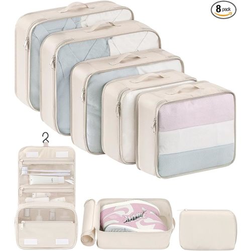 DIMJ Packing Cubes for Travel - 8 Pcs Lightweight Travel Cubes for Packing, Mesh Travel Packing Cubes Travel Packing Organizers with Large Toiletries Bag (Beige) - 8 pack