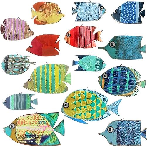Spiareal 15 Pcs Wood Fish Nautical Wall Decor Wooden School of Fish Wall Art Vintage Hanging Beach Decor Ocean Coastal Theme Ornaments for Home Lake House Bathroom Bedroom (Cute)