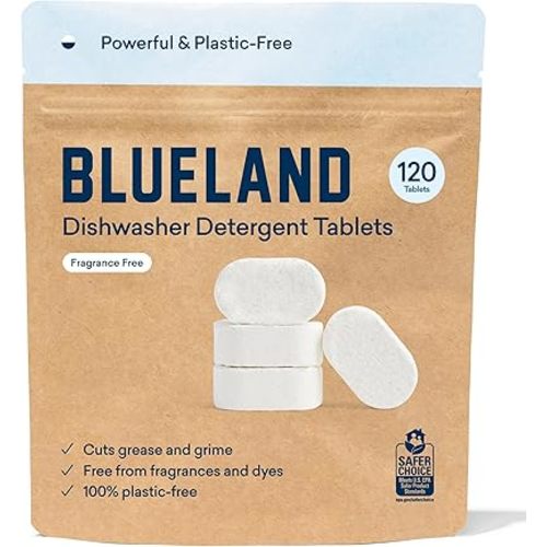 BLUELAND Plastic-Free Dishwasher Detergent Tablets, 120 Count, Unscented