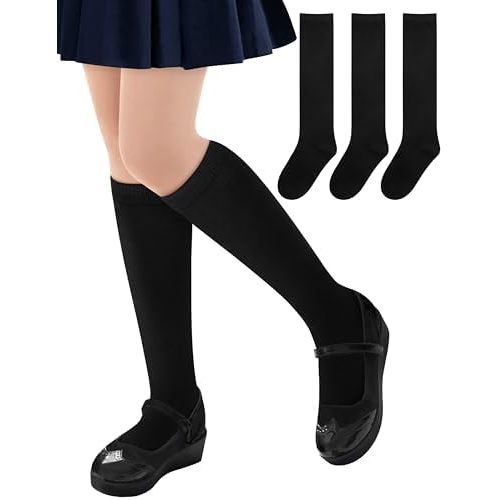 Sarfel 3 Pairs Girls Knee High Socks School Uniform Sock Long Socks for Girls Boys Seamless Dress Sock Cotton 3-18 Years