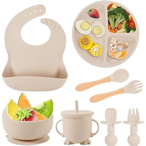 Silicone Baby Feeding Set, Baby Led Weaning Supplies with Suction Bowl Divided Plate, Toddler Self Feeding Dish Set with Spoons Forks Sippy Cup Adjustable Bib, Baby Eating Utensils(Beige)