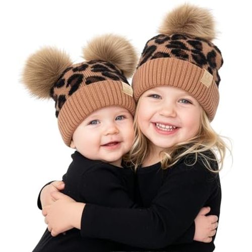 Funky Junque Matching Infant & Toddler Pom Beanies – Winter Knit Hats for Baby Girls & Siblings, Adorable Set