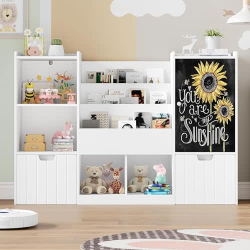 finetones Toy Storage Organizer, 55.1” Large Toy Organizer and Storage with Chalkboard, Kids Bookshelf and Bookcase with 2 Movable Drawers and 6 Storage Cubbies, Toy Chest Organizer with Blackboard