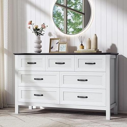 Farmhouse 7-Drawer Dresser for Bedroom, 52" Wide Wood Chest of Drawers with Large Metal Handles, White Dressers Storage Organizer for Bedroom, Living Room & Hallway