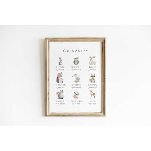 Woodland Christian Nursery Wall Art God Says I Am Print Bible Verse Woodland Animal Decor Scripture Print Woodland Animal Nursery LBS1-A1