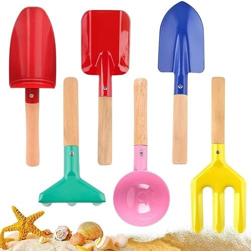 Children Beach Toys, 6 PCS 8'' Wooden Handle Gardening Tools, Kids Gardening Set, Cylinder, Spoon, Fork, Rake, Flat Shovel & Pointed Shovel