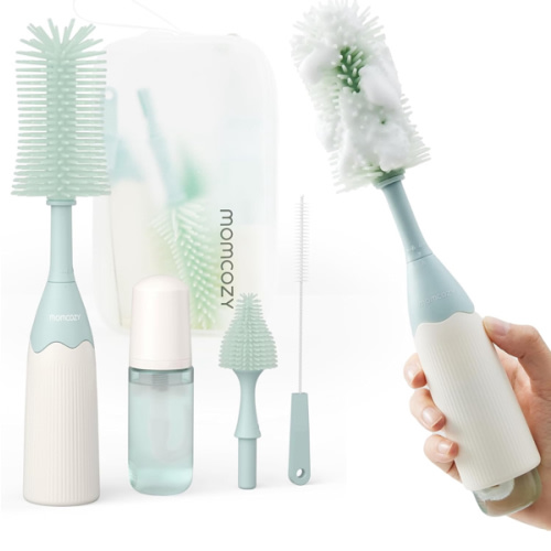 Momcozy Bottle Brush Kit, Innovative Push-Press Design for Better Cleaning - Baby Bottle Cleaner Brush for Baby Bottle, Breast Pumps, Nipples, and More - Can Generate Foam for Better Cleaning, Green