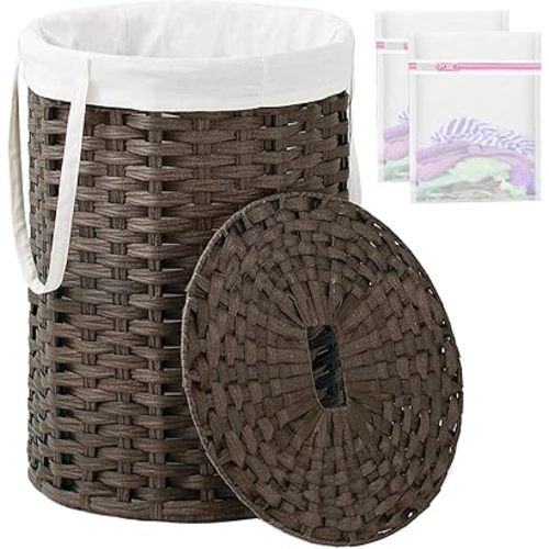 Laundry Hamper with Lid, 19.0 Gal (72 L) Round Wicker Laundry Basket, Handwoven Rattan Basket with Lid, Removable Bag, 2 Mesh Bags, Handles for Living Room, Bathroom, Brown
