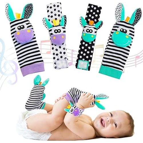 Baby Wrist Rattles Sock Toys - Newborn Baby Sock Toys 0-6 Months, Foot Finder and Wrist Rattle Set Hand and Feet Rattle for Babies, Infant Rattle Socks Toy, Soft Sensory Toy for Baby Boy Girl Gift