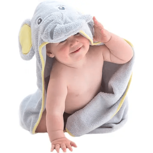 Little Tinkers World Hooded Baby Towel Gray Elephant Natural Cotton Soft and Absorbent Bath Towels with Hood for Babies, Toddlers, Perfect for Girls or Boys