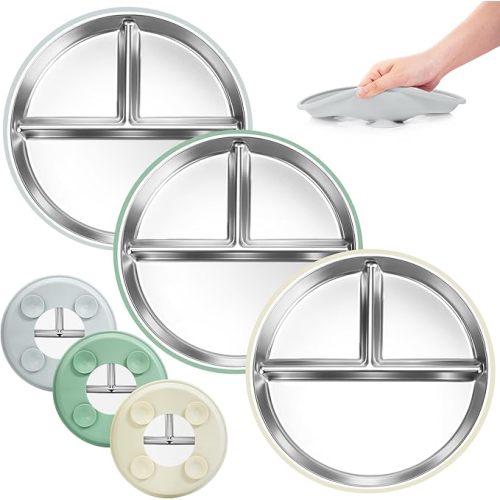 Stainless Steel Kids Plates Suction Plate for Baby,3 Packs Non-Toxic Divided Toddler Plates,Food-Grade Silicone Plate for Baby,Dishwasher Safe,Grey White Green