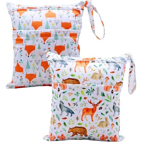 2pcs Cloth Diaper Wet Dry Bags Waterproof Reusable with Two Zippered Pockets Travel Beach Pool Daycare Soiled Baby Items Yoga Gym Bag for Swimsuits or Wet Clothes (3036-2-fox)