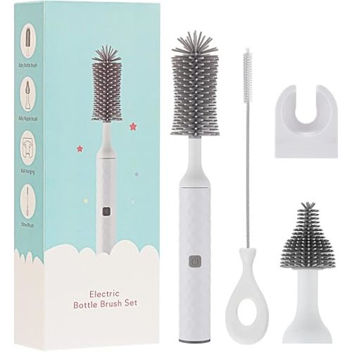 Electric Bottle Brush Set with Electric Silicone Baby Bottle Brush, Nipple Brush,Straw Cleaner Brush, Rechargeable&Waterproof Water Bottle Cleaner Brush, Perfect, White