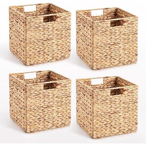 10.5 x 10.5in Storage Baskets Wicker, Cube Foldable Hyacinth Baskets Set of 4, Water Hyacinth Storage Baskets for Shelves,Living Room