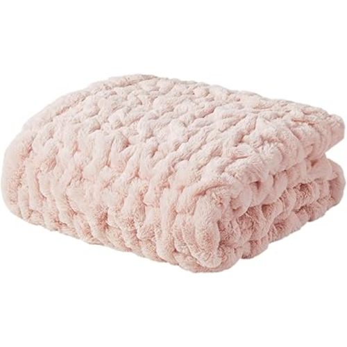 Madison Park Ruched Luxury Throw Premium Soft Cozy Brushed Long Faux Fur For Bed, Couch or Sofa, 50"x60", Blush
