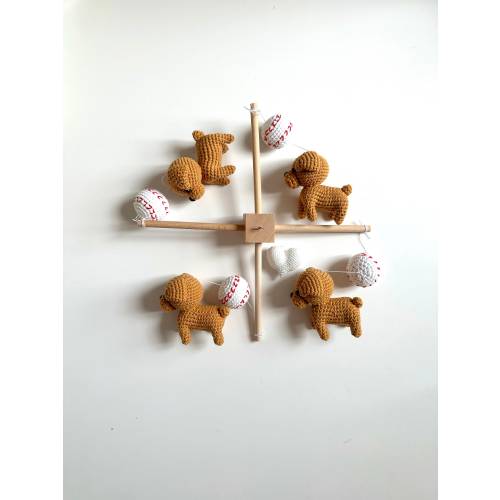 Crochet baseball and puppy baby mobile