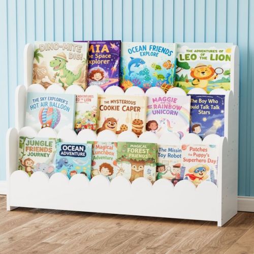 SpaceAid 3-Tier Scalloped Wooden Bookshelf – Montessori-Style Book Display for Kids’ Rooms, Playrooms & Classrooms, White